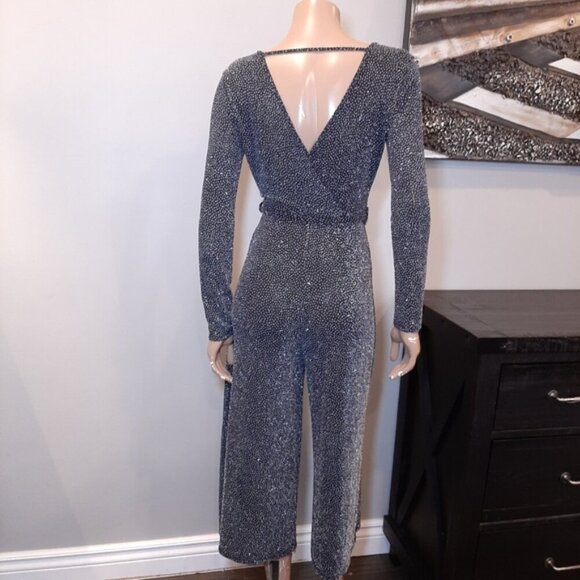 Mandee Sparkle Jumpsuit Long Sleeve Wide Cropped Leg Tie Belted Surplice Glitter - Picture 7 of 14